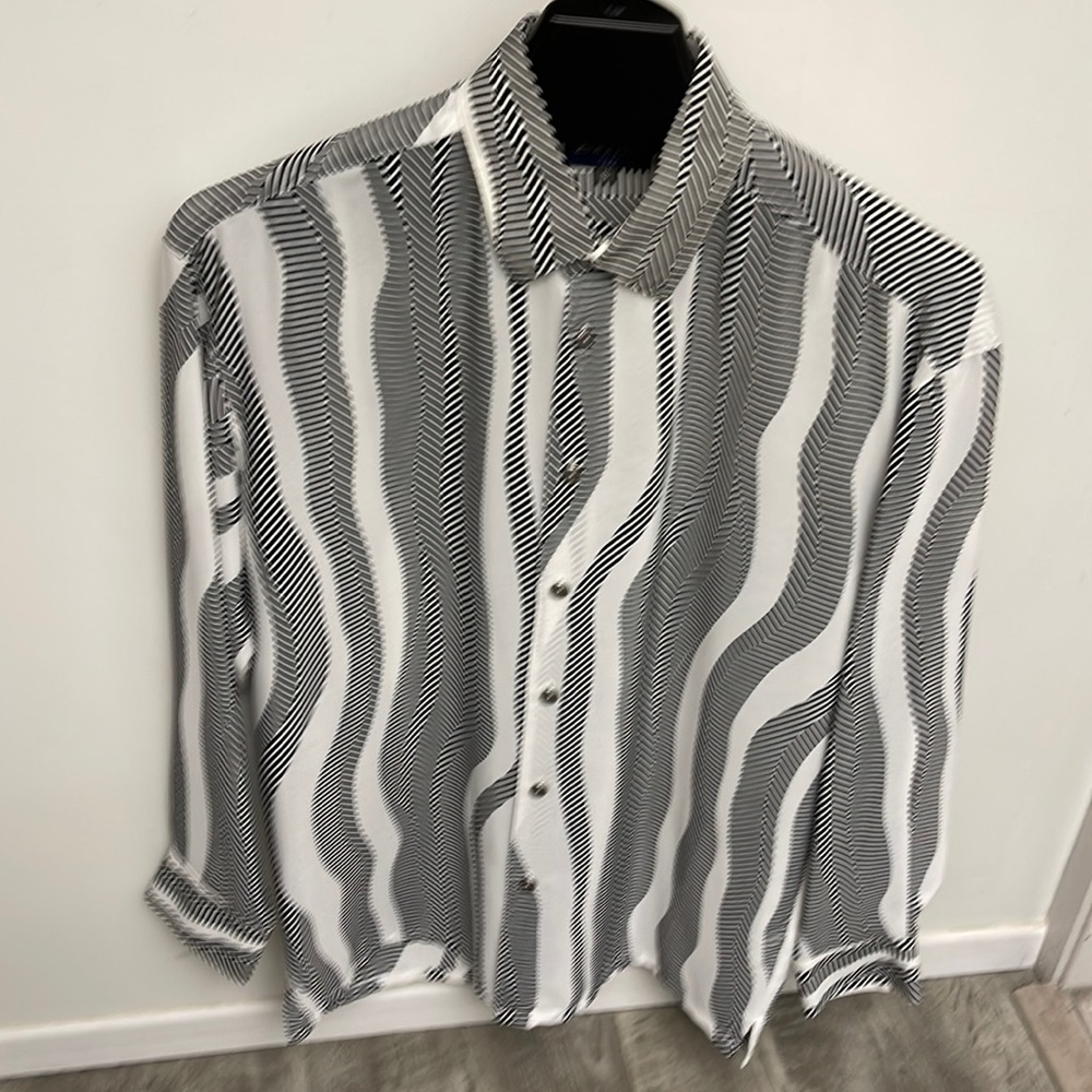 Mens microfiber black and white wave print l/s shirt
